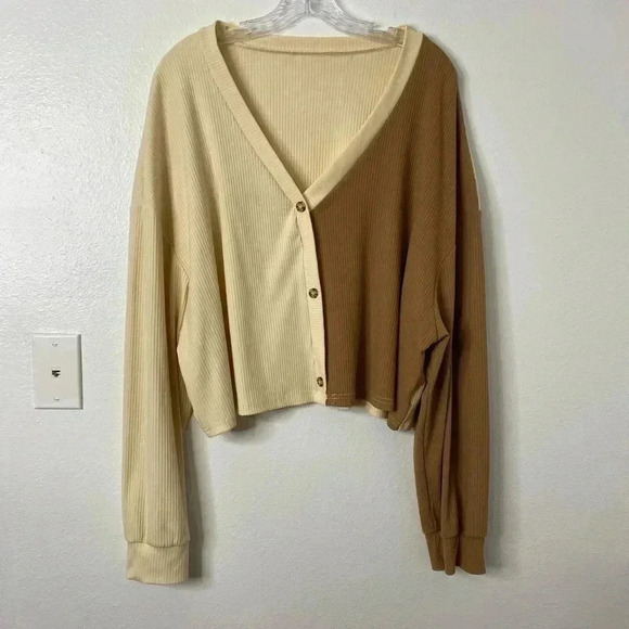 Boutique Two Tone Cream & Brown Cardigan Sweater - Picture 2 of 4